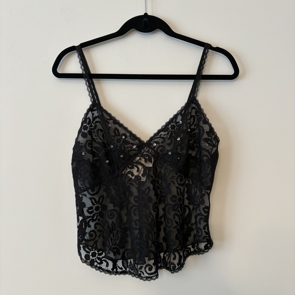 VTG VS Sheer Lace Babydoll Cami Black‎ S Sequin Mesh Romantic Whimsigoth Fairy